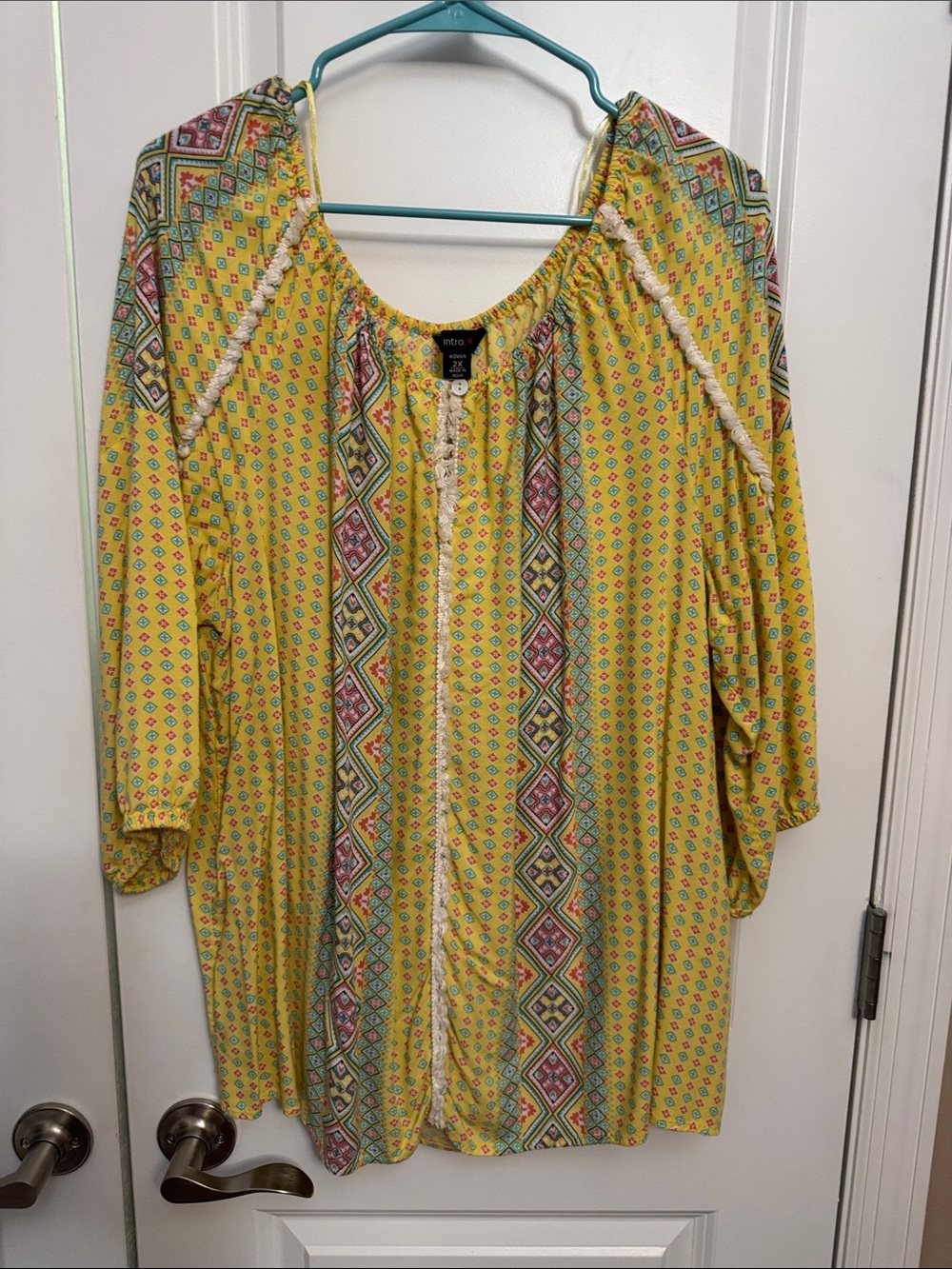intro. Yellow Boho Tunic with Multicolor Geometric Panels